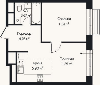 Планировка: 2-к, 36,9 м²