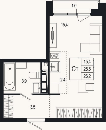 Планировка: Студия, 25,5 м²