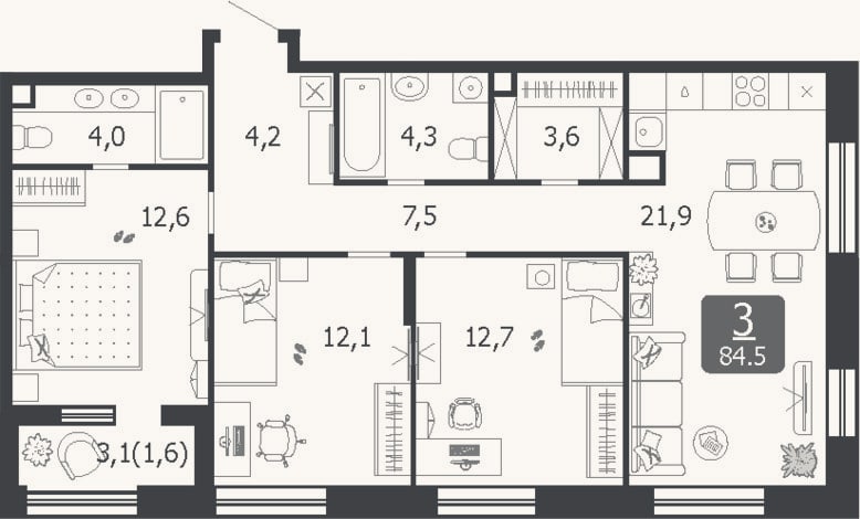 Планировка: 4+ к, 83,9 м²