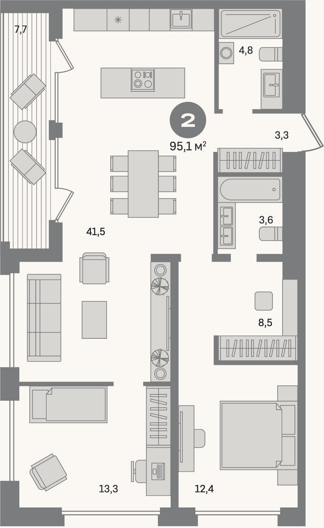 Планировка: 2-к, 87,4 м²