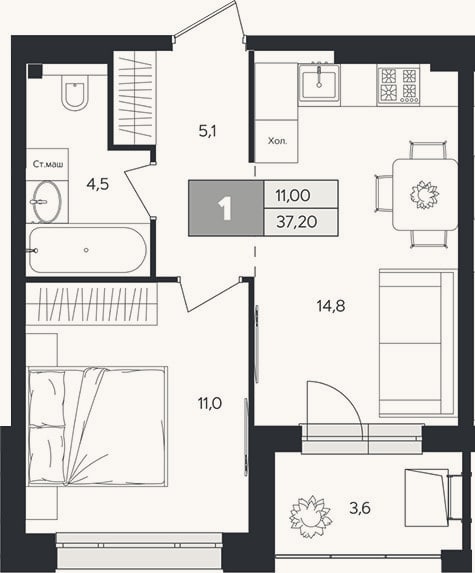 Планировка: 1-к, 35,4 м²