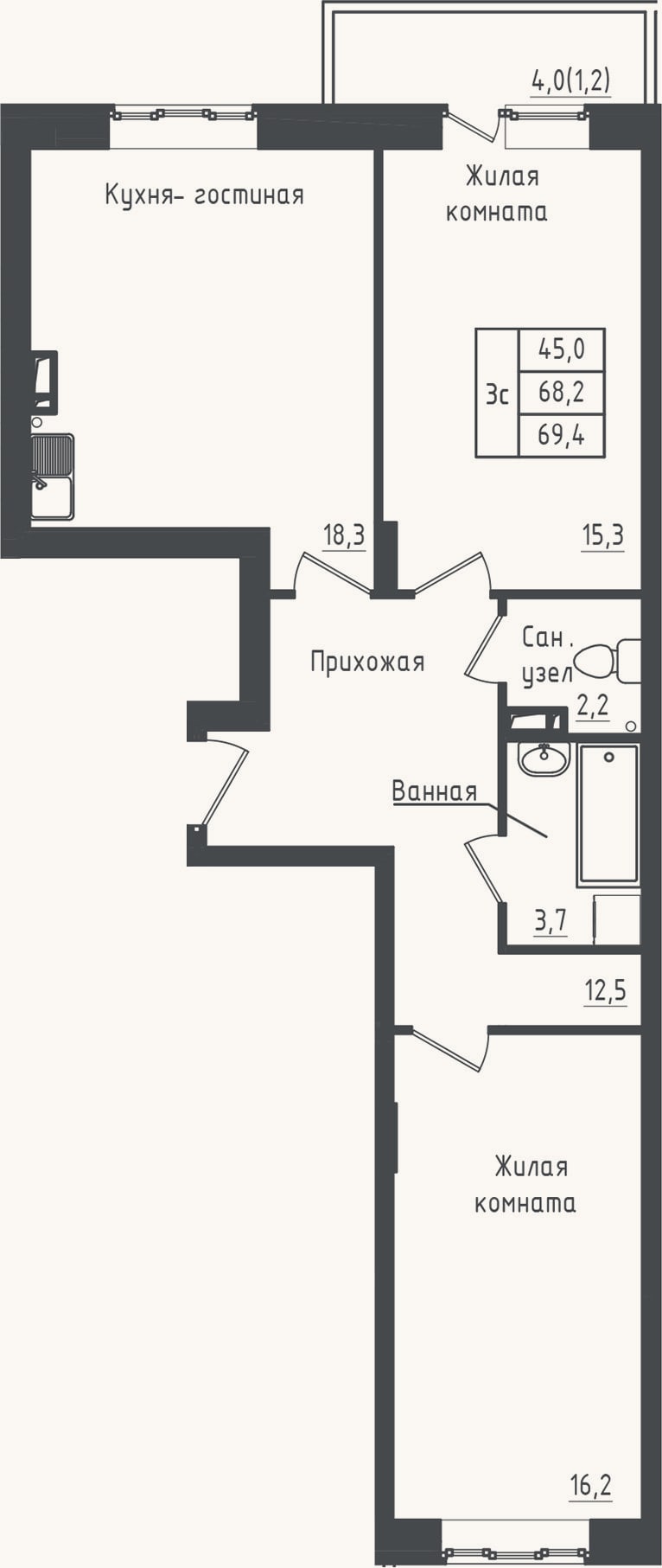 Планировка: 2-к, 68,2 м²