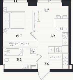 Планировка: 2-к, 43 м²