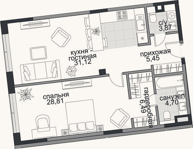 Планировка: 2-к, 74 м²