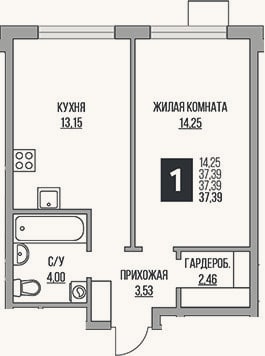 Планировка: 2-к, 37,4 м²