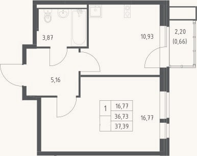 Планировка: 1-к, 36,7 м²