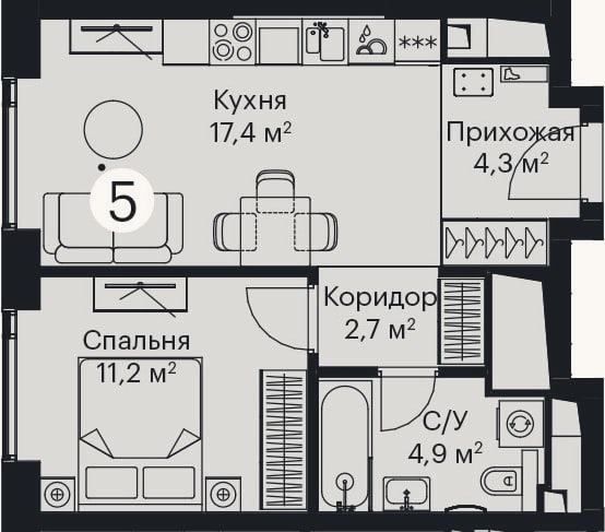Планировка: 2-к, 40,5 м²