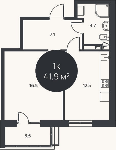 Планировка: 1-к, 40,8 м²