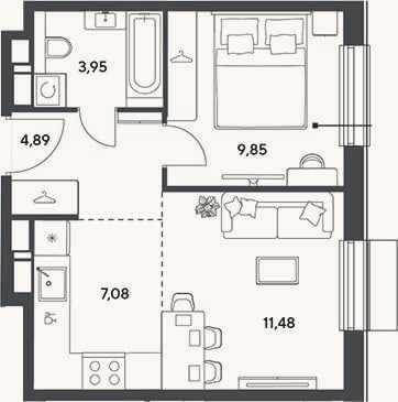 Планировка: 2-к, 37,3 м²