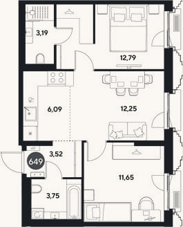 Планировка: 3-к, 53,2 м²