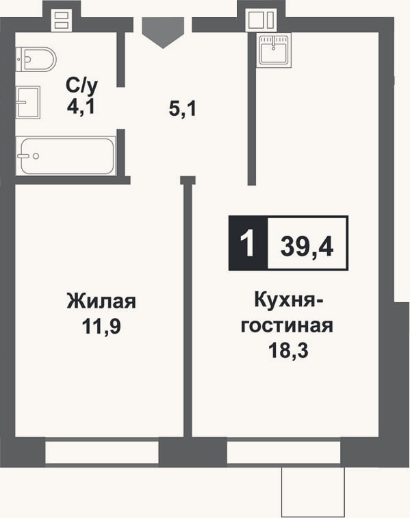 Планировка: 2-к, 39,4 м²