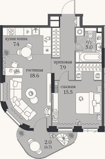 Планировка: 1-к, 54,4 м²
