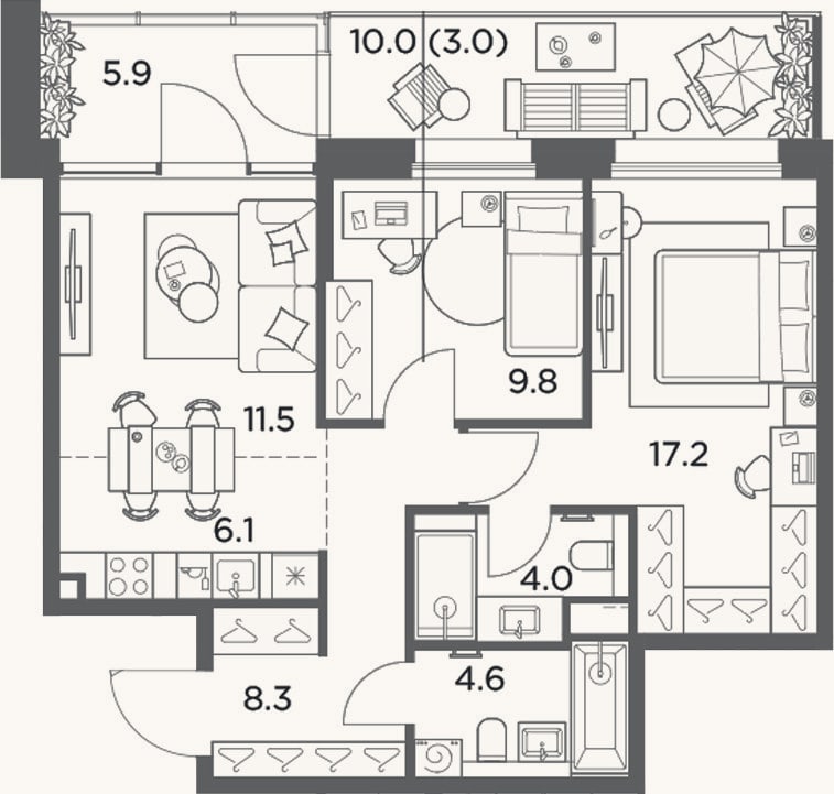 Планировка: 3-к, 61,5 м²