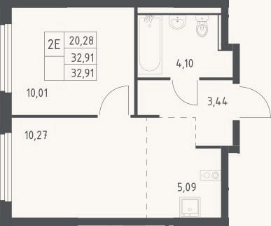 Планировка: 2-к, 32,9 м²