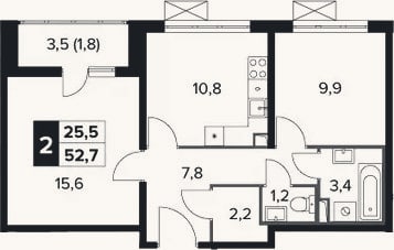 Планировка: 2-к, 50,9 м²