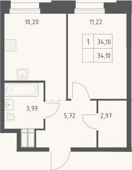 Планировка: 1-к, 34,1 м²