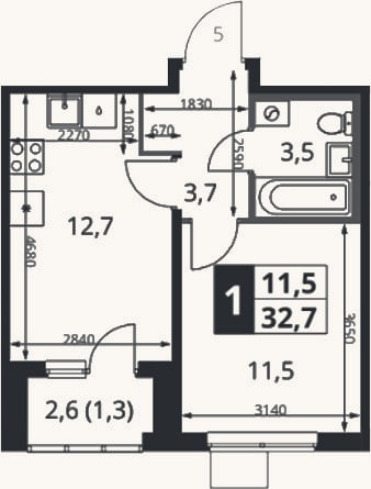 Планировка: 1-к, 32 м²
