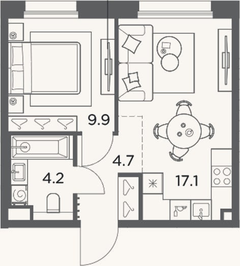 Планировка: 1-к, 35,9 м²