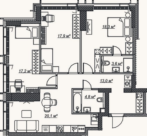 Планировка: 4+ к, 94,9 м²