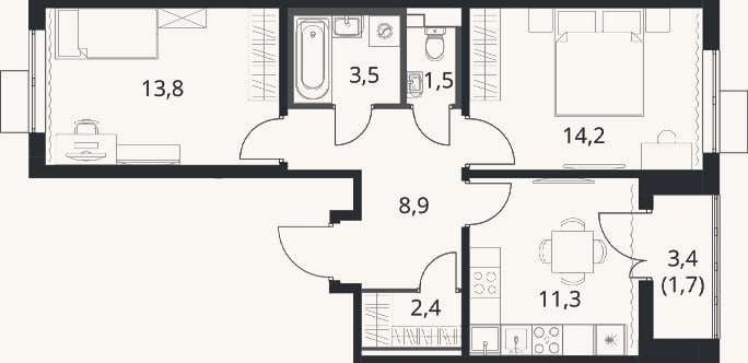 Планировка: 2-к, 55,6 м²