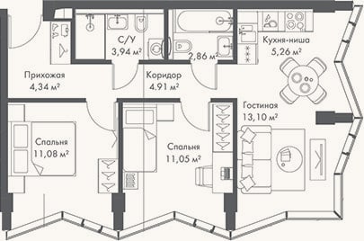 Планировка: 3-к, 56,5 м²