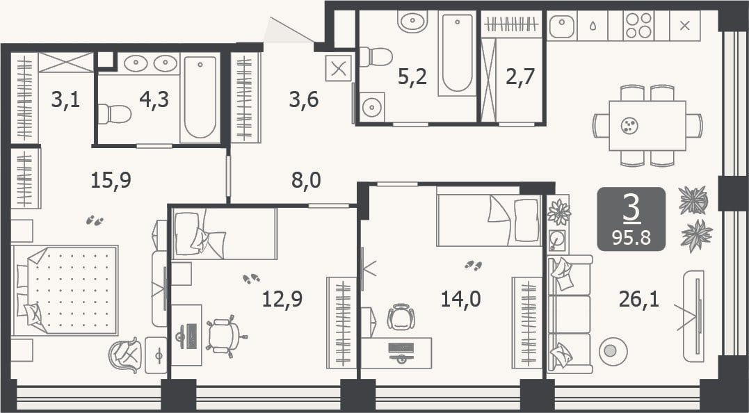 Планировка: 4+ к, 95,8 м²