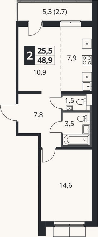 Планировка: 2-к, 46,2 м²