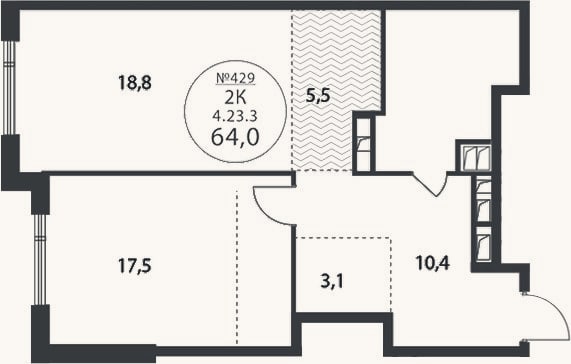 Планировка: 2-к, 64,1 м²