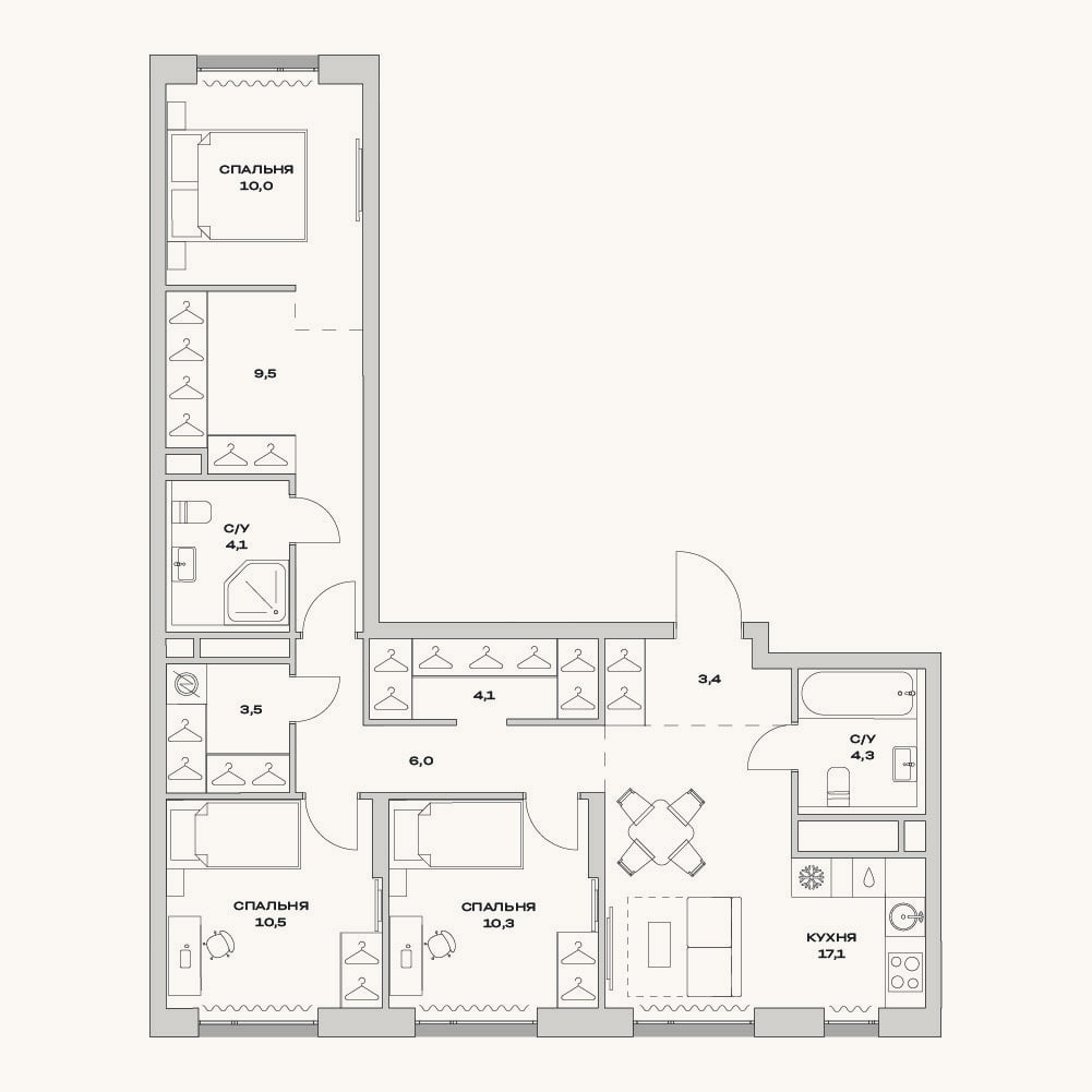 Планировка: 4+ к, 82,8 м²