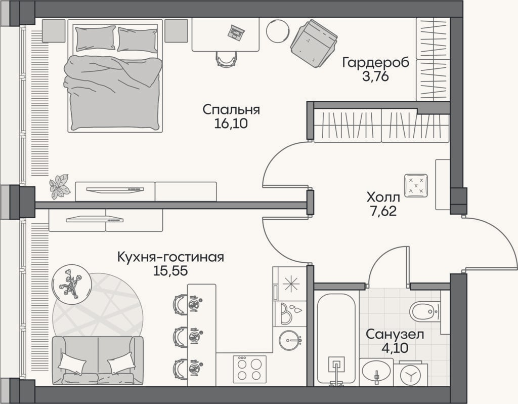Планировка: 2-к, 46,1 м²