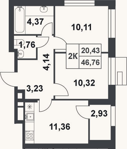 Планировка: 2-к, 45,3 м²
