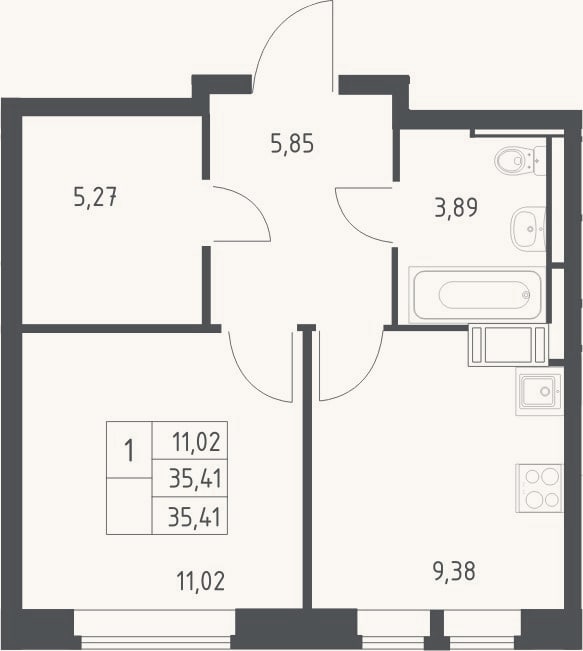 Планировка: 1-к, 35,4 м²