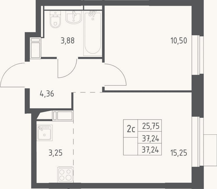 Планировка: 2-к, 37,2 м²