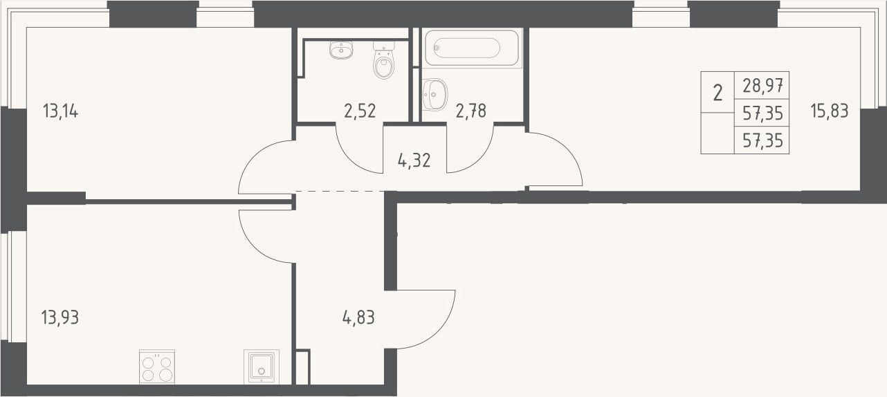 Планировка: 2-к, 57,4 м²