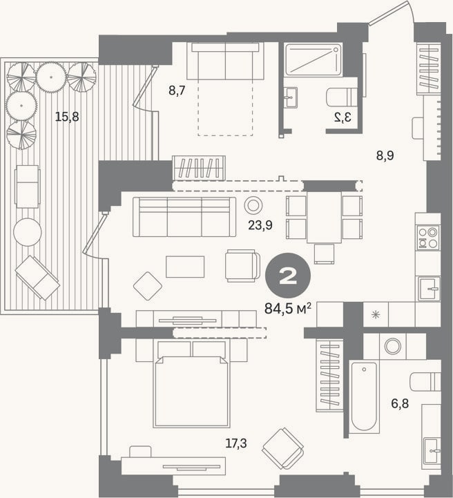 Планировка: 2-к, 68,7 м²