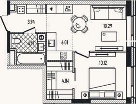 Планировка: 2-к, 38,6 м²