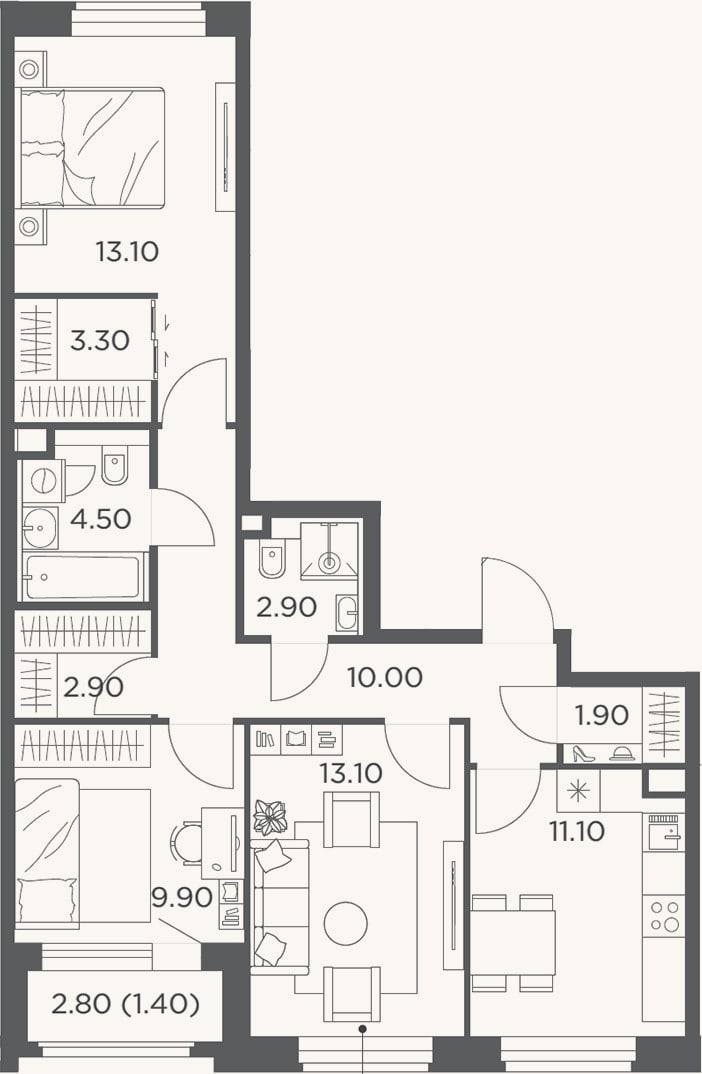 Планировка: 3-к, 75,8 м²