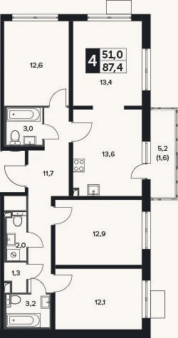 Планировка: 4+ к, 87,7 м²