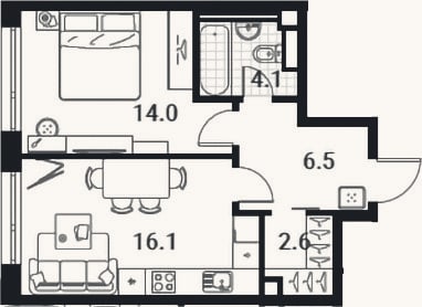 Планировка: 2-к, 43,6 м²