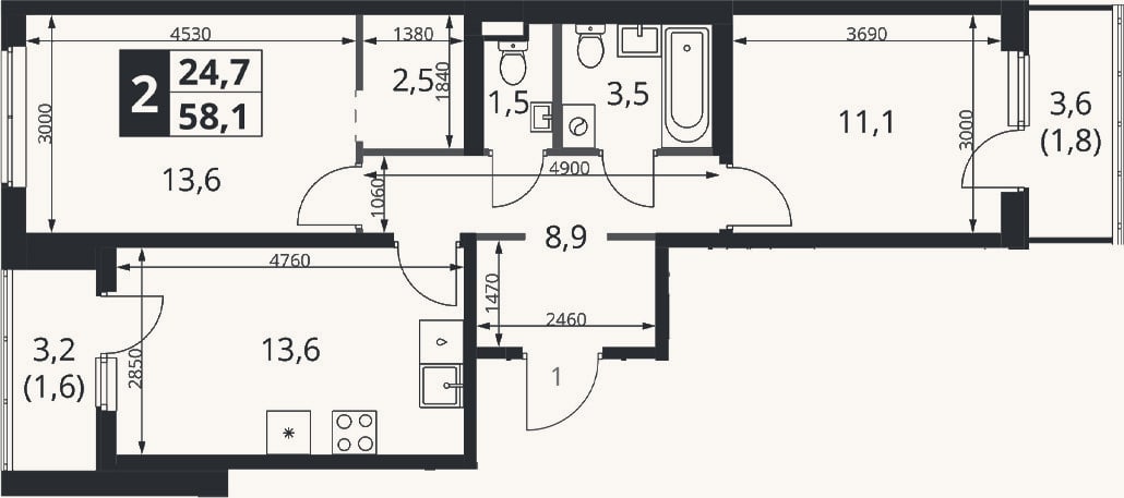 Планировка: 2-к, 54,7 м²