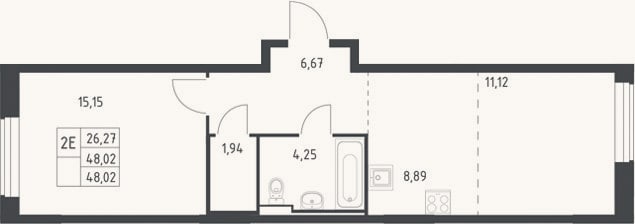 Планировка: 2-к, 48 м²