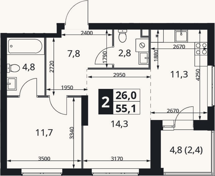 Планировка: 2-к, 52,7 м²
