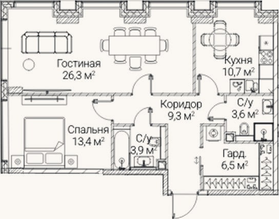 Планировка: 2-к, 73,7 м²