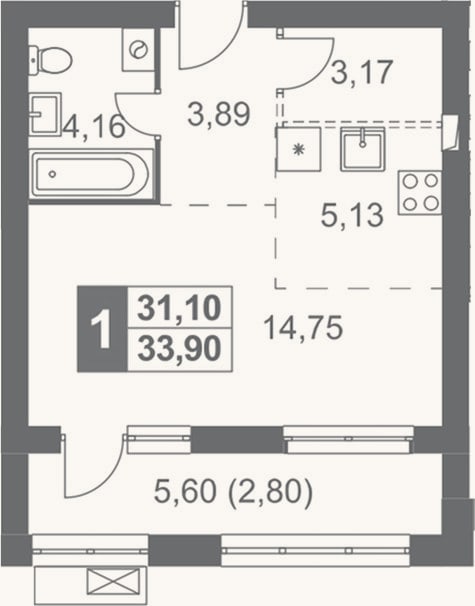 Планировка: Студия, 31,1 м²