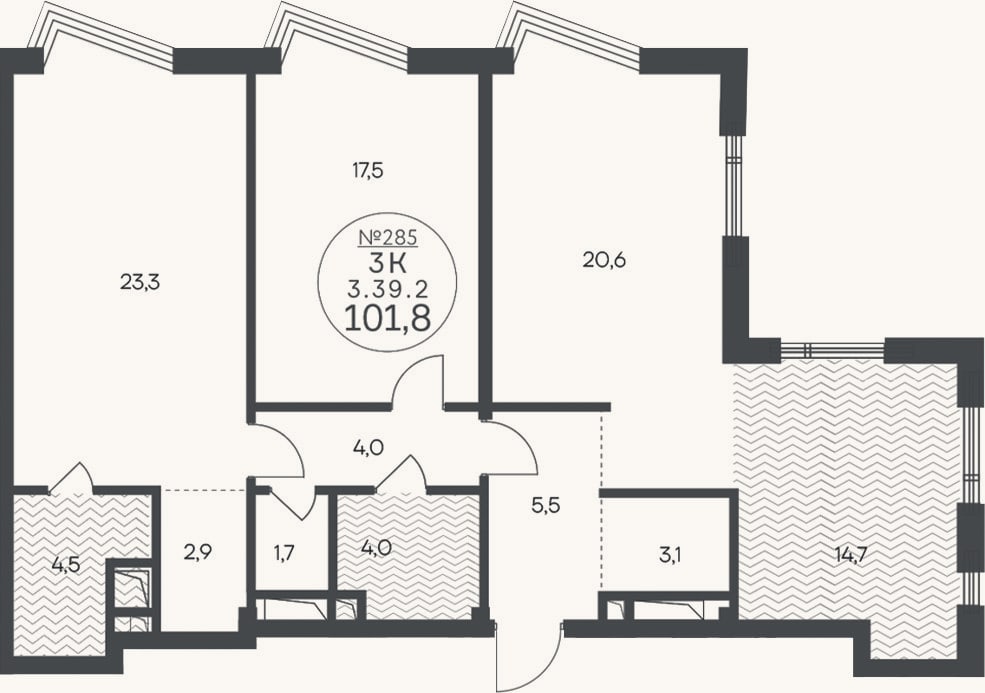 Планировка: 3-к, 101,8 м²
