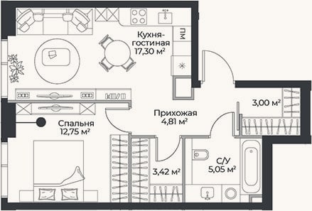 Планировка: 2-к, 46,3 м²