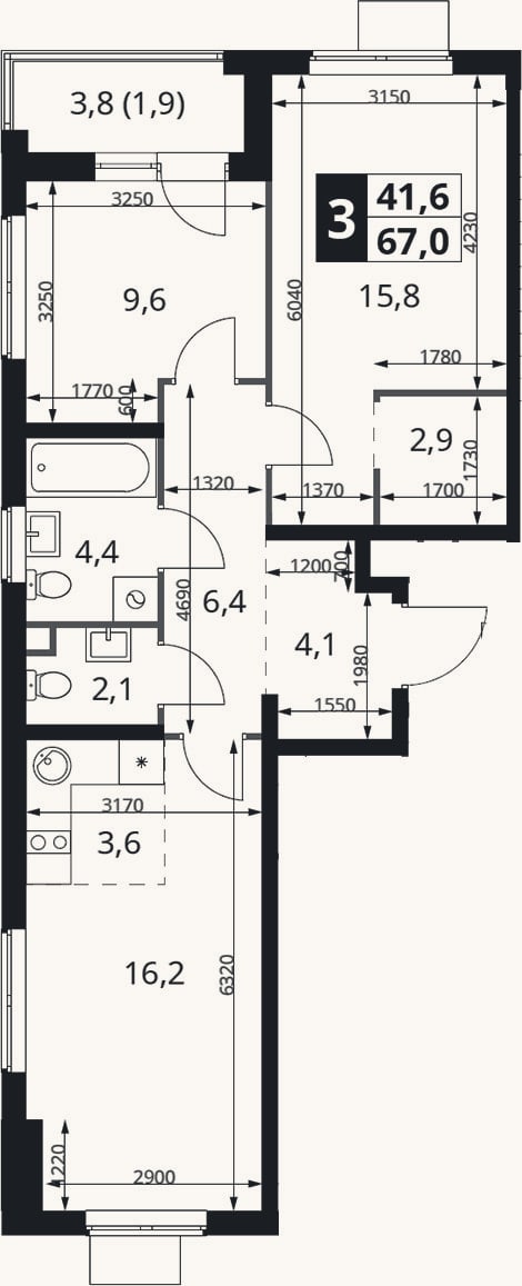 Планировка: 3-к, 65,1 м²