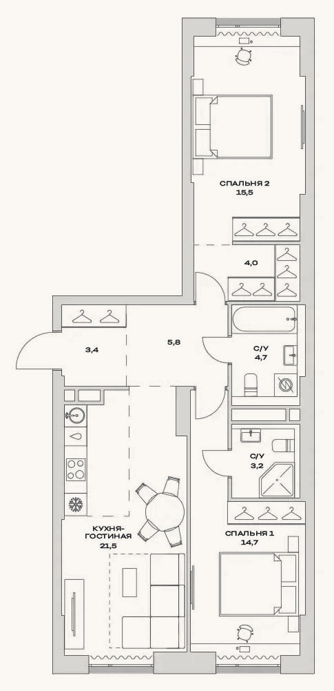 Планировка: 3-к, 72,8 м²