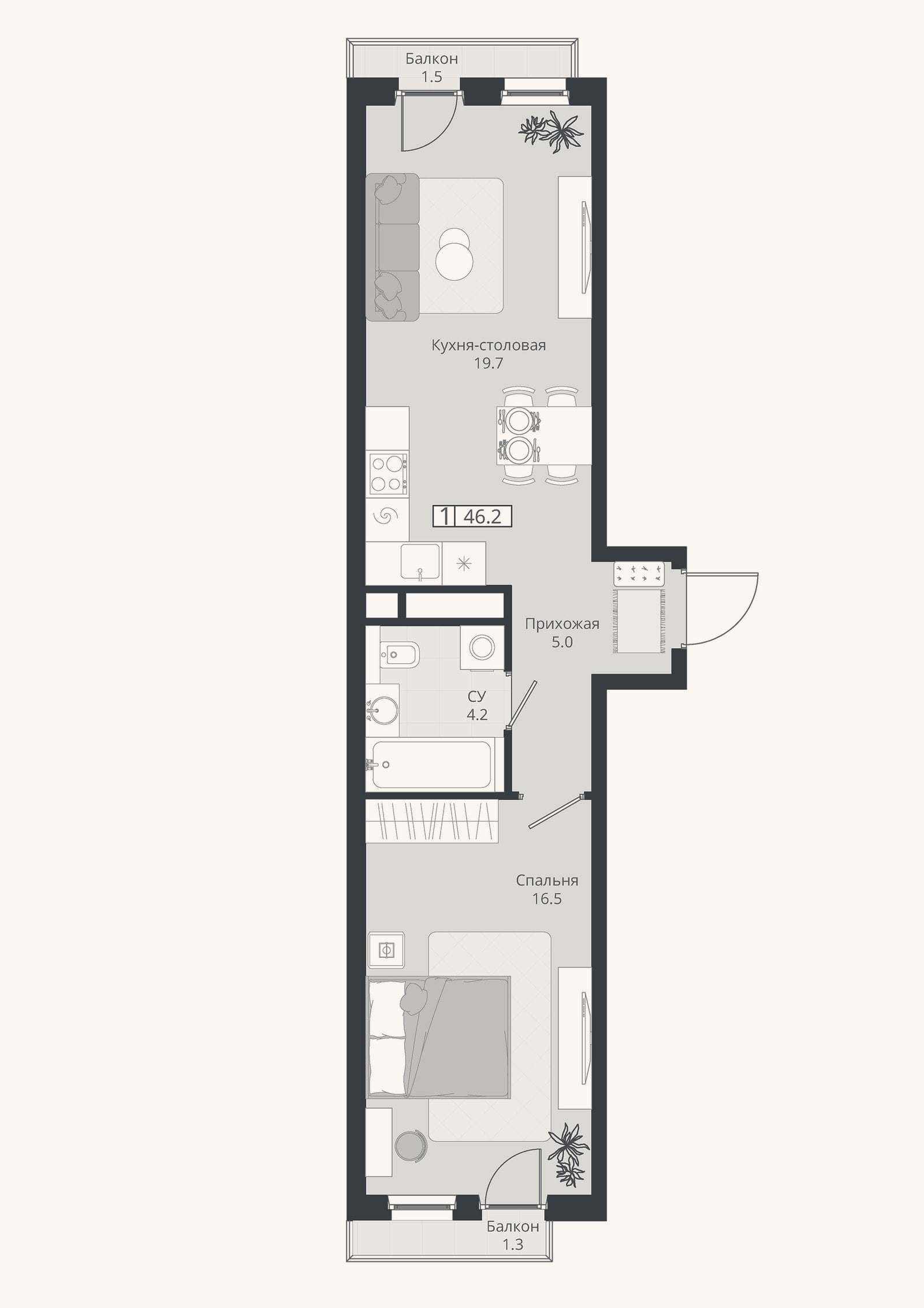 Планировка: 2-к, 45,4 м²