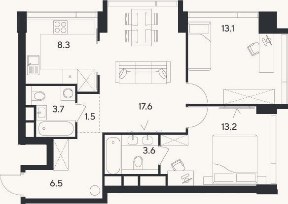 Планировка: 2-к, 67,5 м²